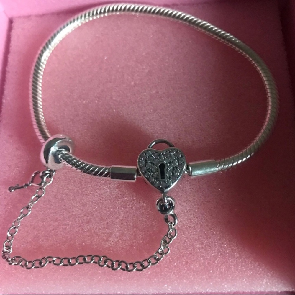 Sterling Silver Heart Lock Charm Safety Bracelet